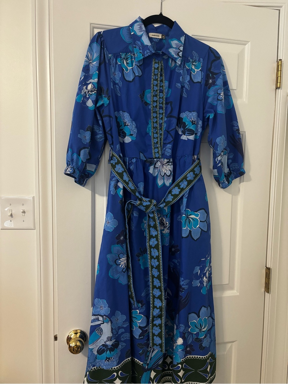 Blue Floral Maxi Shirt Dress with Self-Tie Belt